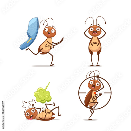 Humorous Cartoon Cockroach Depicted In Different Comical Situations And Expressions. Vector Insect Themed Illustrations