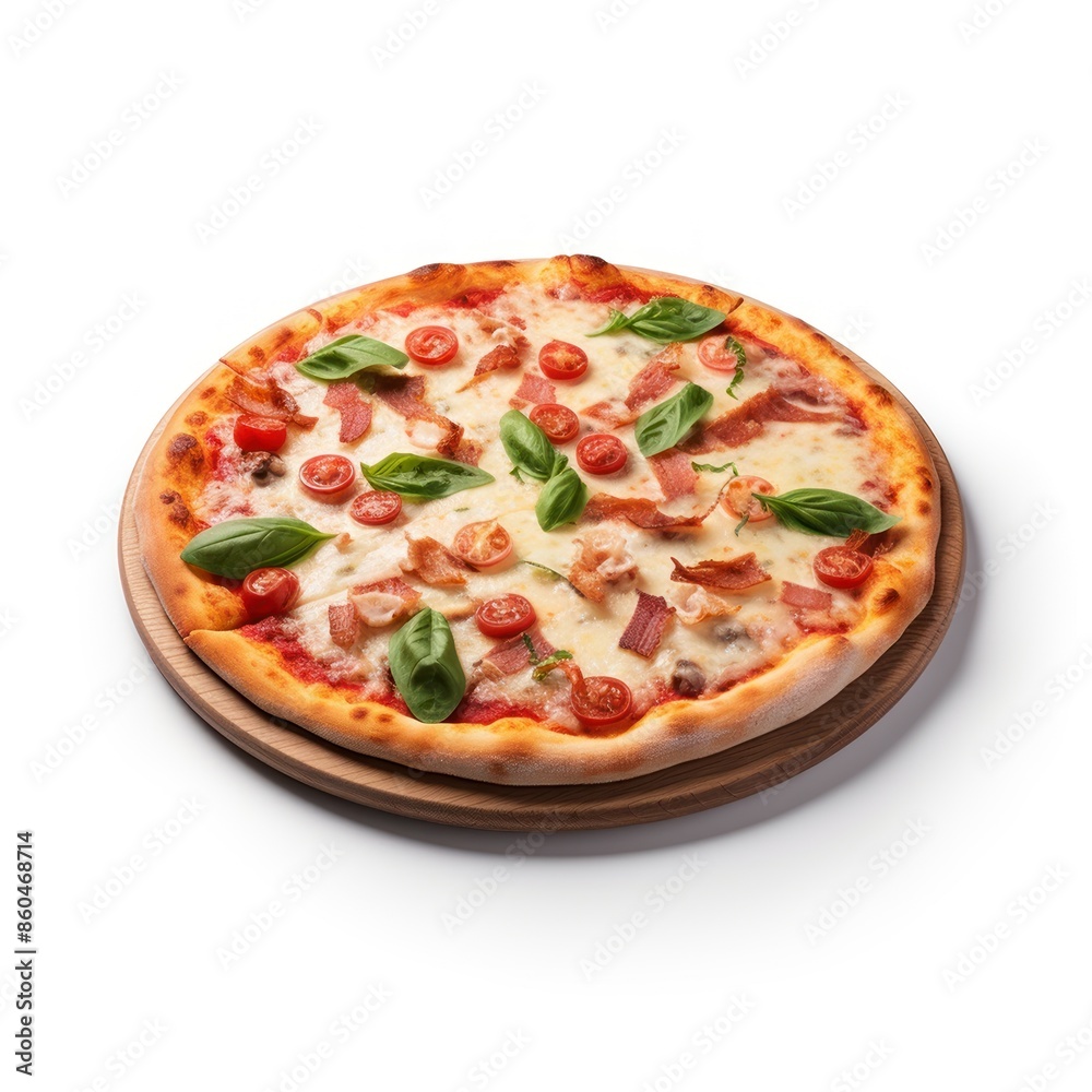 Delicious pizza served on wooden plate isolated on white Delicious pizza served on wooden plate isolated on white