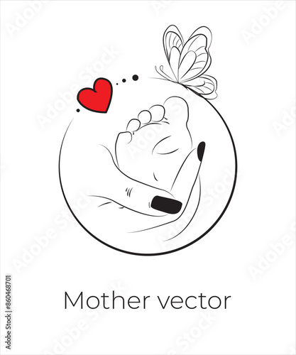 Handdrawn line art style mom and baby illustration art.