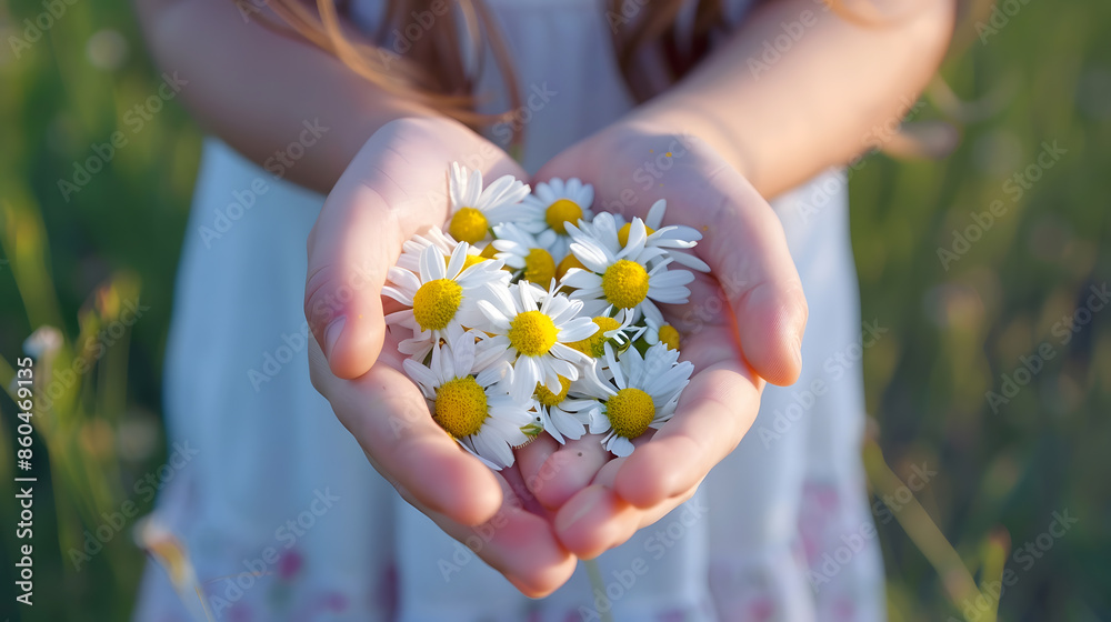 the girl is holding chamomile flowers in her hands Selective focus nature : Generative AI the girl is holding chamomile flowers in her hands Selective focus nature : Generative AI