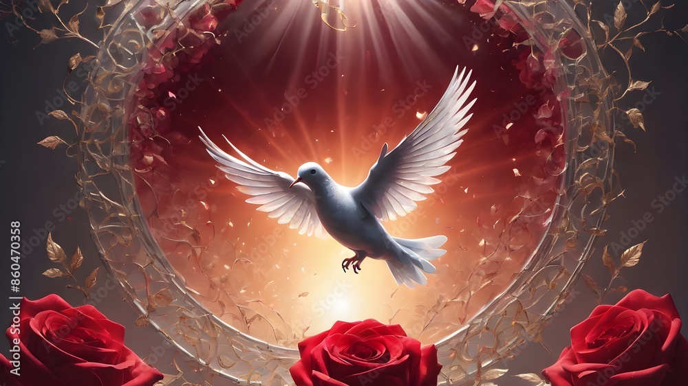 Fototapeta premium the centerpiece is a silver silhouette of a dove in flight, enveloped in subtle light. emphasis in the foreground on vibrant Chiaroscuro lighting with shiny red roses 