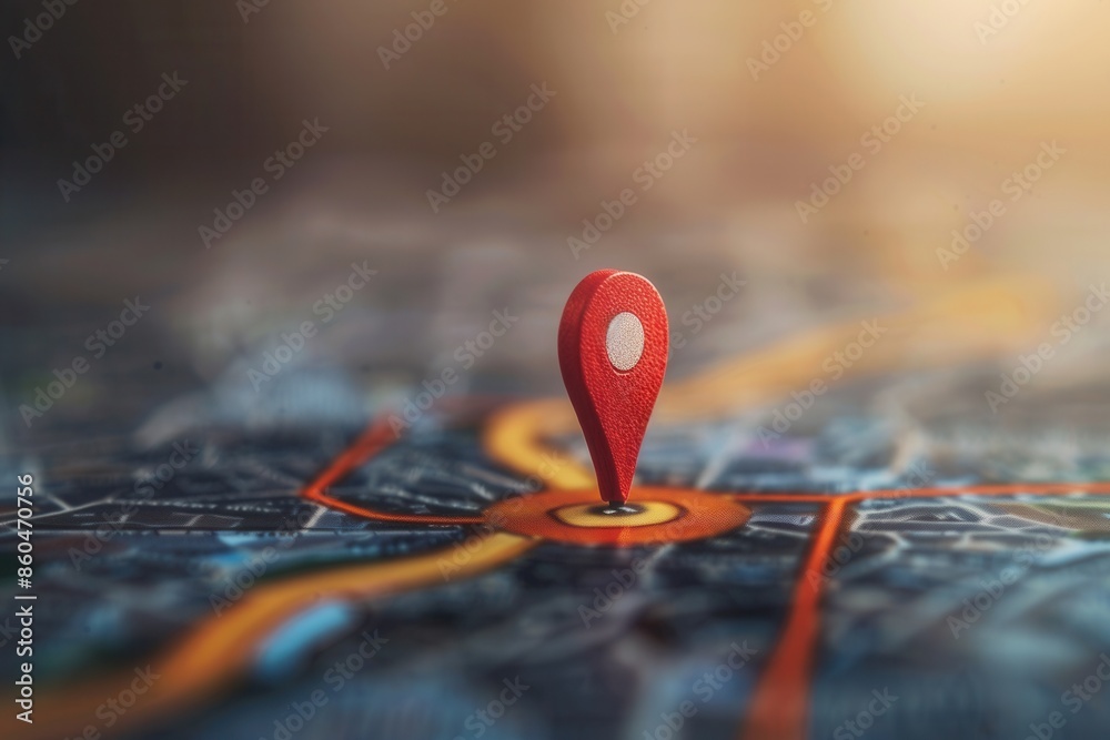 A close-up shot of a red location pin on a modern city map. The background is blurred and features a soft, golden light, creating a minimalistic and sleek aesthetic. Generative AI A close-up shot of a red location pin on a modern city map. The background is blurred and features a soft, golden light, creating a minimalistic and sleek aesthetic. Generative AI