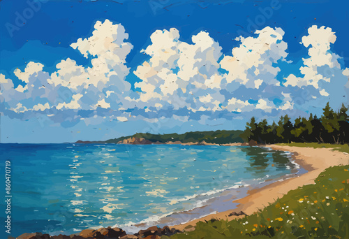 Coastal Landscape with Blue Sky and White Clouds