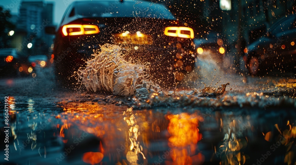 Fototapeta premium Rainy day car splashing water on the road, car wheels close-up. A close-up of raindrops and puddles in the background is blurred on a stormy night.