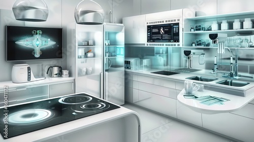A conceptual hightech kitchen with smart appliances and a clean area for copy photo