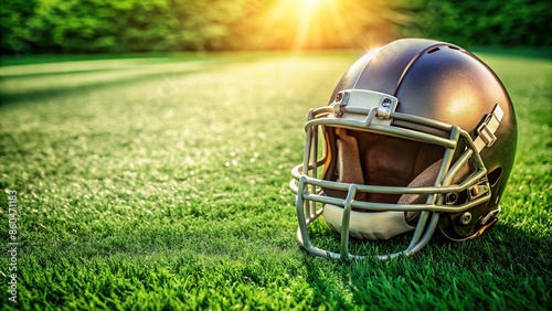 American football helmet sitting on lush green grass field, sport, equipment, protection, safety, headgear, game, football photo