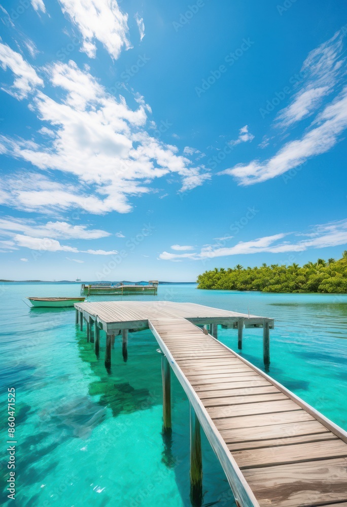 Obraz premium tranquil floating dock anchored crystal clear water, lake, calm, river, serene, pond, peaceful, ocean, beautiful, seascape, picturesque, idyllic, scenery,