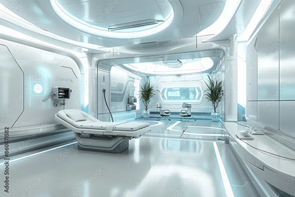 A futuristic hospital room with a minimal design and advanced monitoring systems A futuristic hospital room with a minimal design and advanced monitoring systems