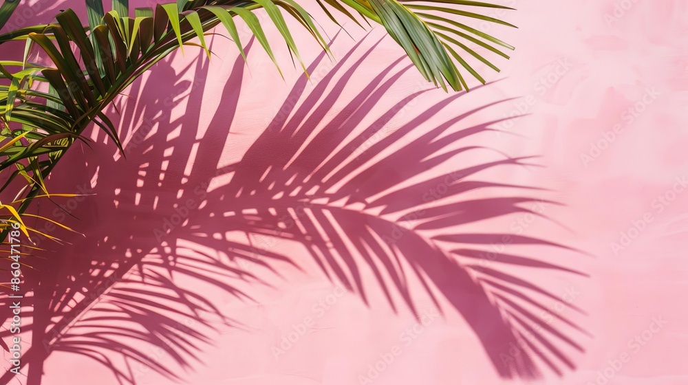 A shadow from palm leaves on a pink wall, represents a minimalistic summer design, with copy space