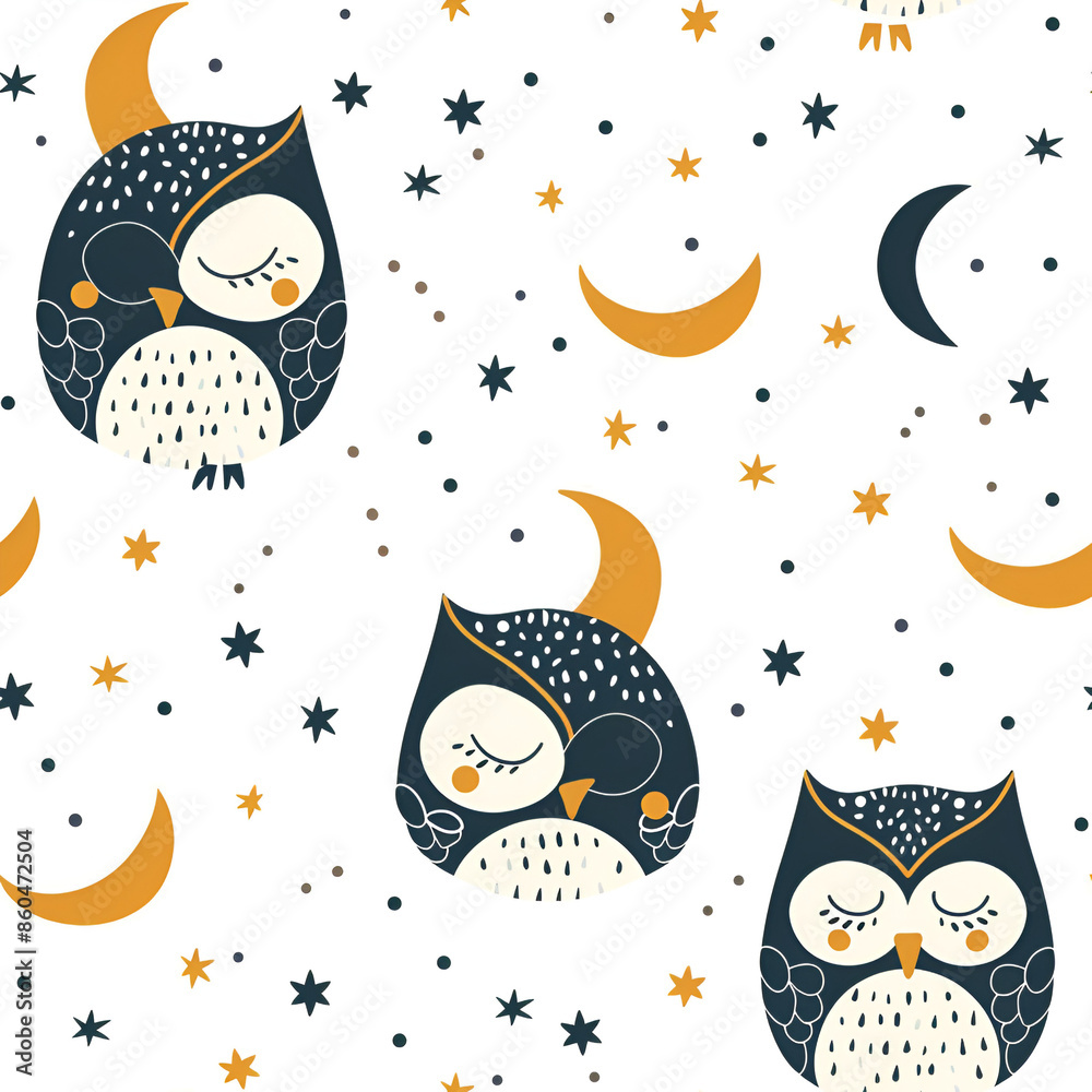 Cute Seamless Pattern with Owl, Moon, and Stars Cute Seamless Pattern with Owl, Moon, and Stars