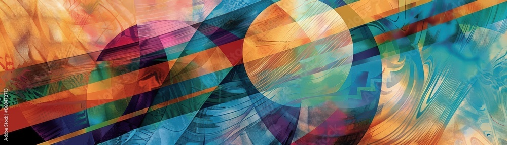 Fototapeta premium An abstract representation of a music collaboration across cultures, with diverse, colorful shapes and symbols coming together in harmony Banner for global music initiatives