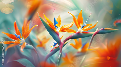 Spring gardens with blooming flowers Botanical varieties of strelitzia flowers Flower garden Flower decorations Pictures for the wallArtistic photos of flowers Fresh strelitzia flowers : Generative AI photo