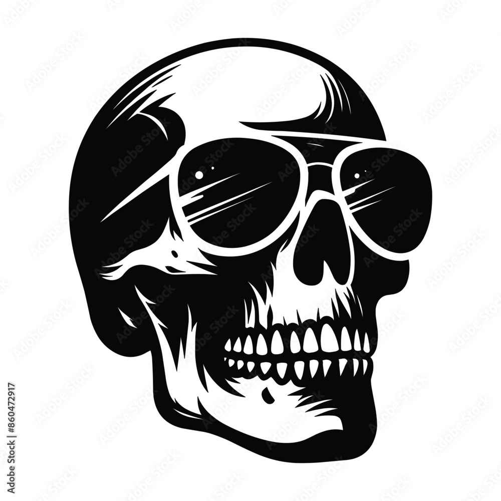 Fototapeta premium Skull wearing sunglass silhouette vector illustration isolated on white background