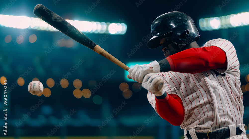 Obraz premium Baseball player in action swinging bat at ball during game.