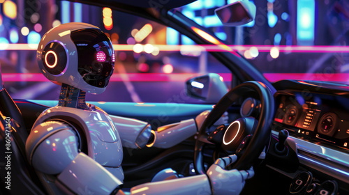 Futuristic scene of ai robot driving car at night, illuminated by vibrant city lights. interior is modern and sleek, showcasing advanced technology and autonomous driving capabilities.
