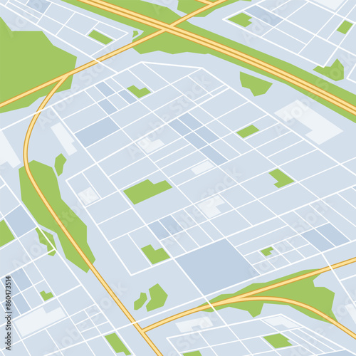 Vector Illustration City Map Showcasing Roads, Streets, And Green Spaces. Ideal For Navigation And Urban Planning photo
