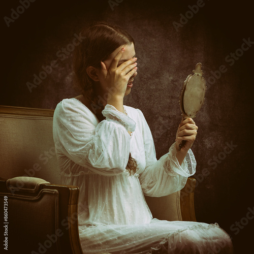 young woman in white vintage dress sitting in an armchair, holding an antique mirror and covering her face with her other hand II photo