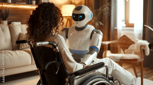 Humanoid robot providing assistance to woman in wheelchair within cozy home environment. reflects advancements in robotics and their application in personal care and assistance.