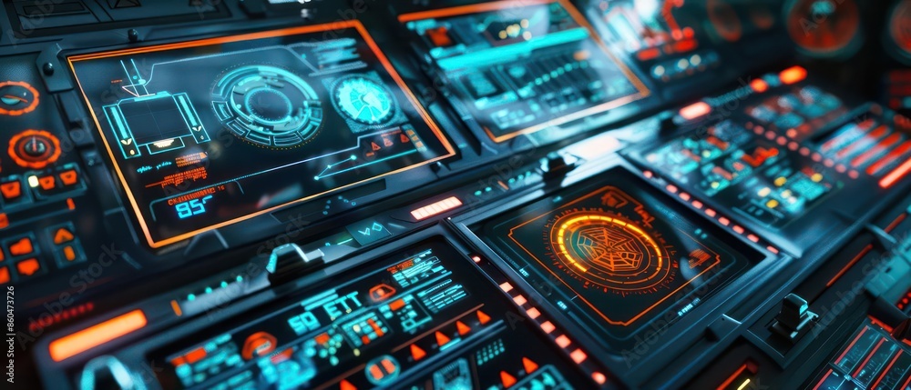 Closeup of a digital propulsion system interface in a hightech space transport room with room for copy Closeup of a digital propulsion system interface in a hightech space transport room with room for copy