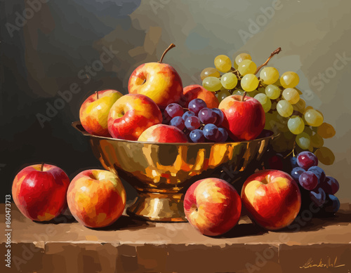 Vibrant Harvest: A Still Life of Apples and Grapes in a Copper Bowl