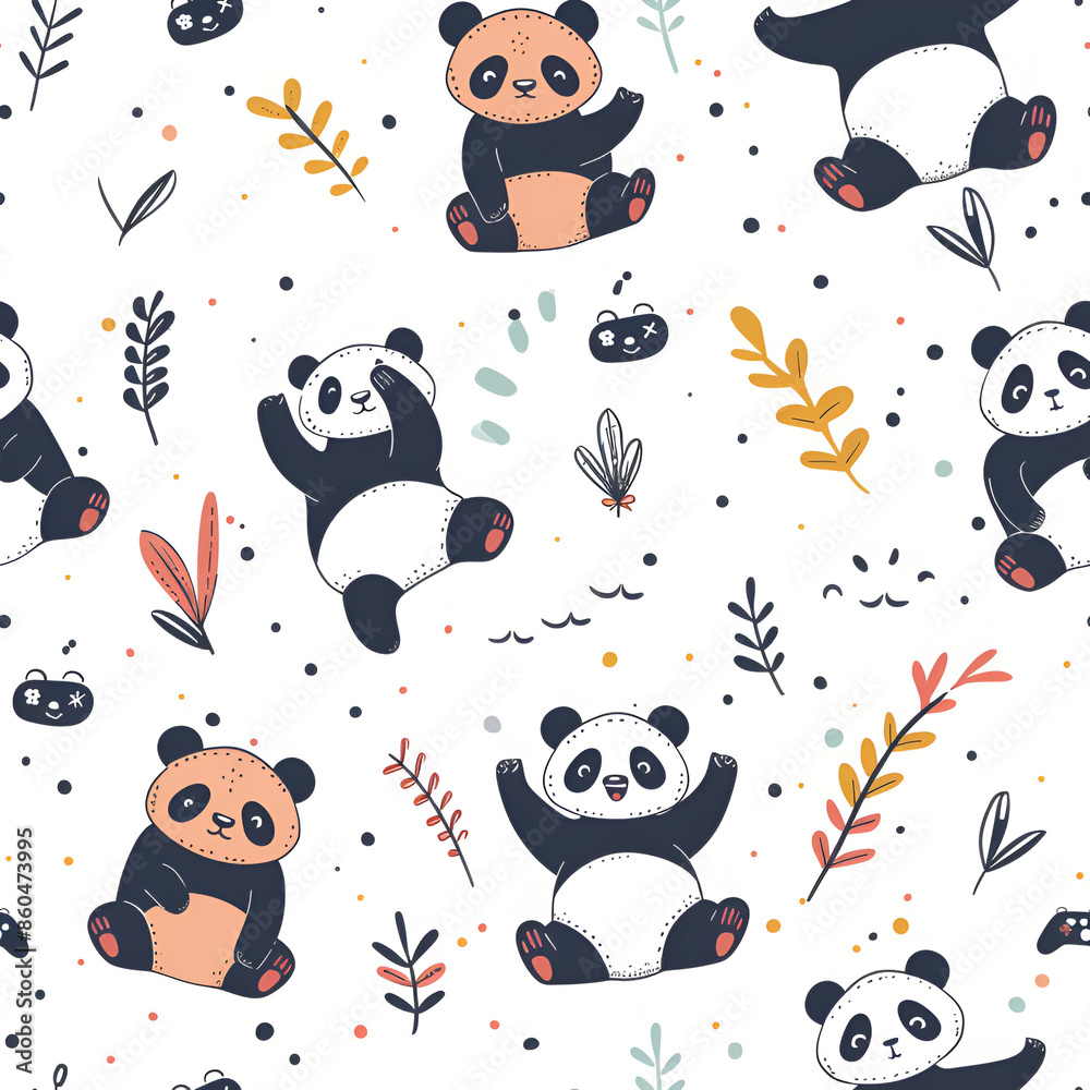 Fototapeta premium Cute Seamless Pattern with Pandas Jumping with Joy