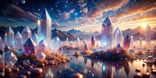 A serene and sparkling landscape filled with beautiful crystals , heavenly, peaceful, tranquil, crystals, gemstones photo