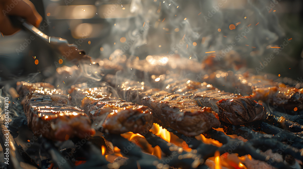 Person grilling meat on grill. Generative by AI Person grilling meat on grill. Generative by AI