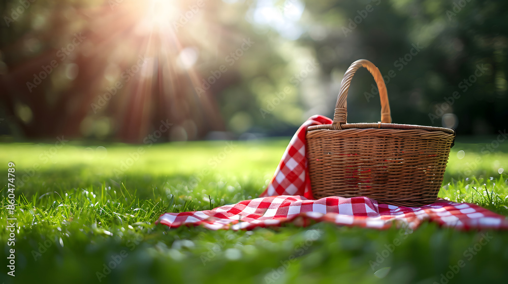 Picnic basket on blanket in grass. Generative by AI Picnic basket on blanket in grass. Generative by AI