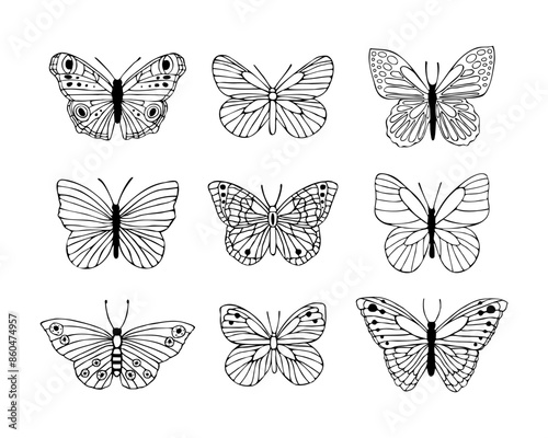 Wallpaper Mural Set of butterflies vector sketch. Hand drawn illustration of insects with painted by black inks on isolated background. Monochrome graphic drawing in line art style for design, logo, tattoo, card  Torontodigital.ca