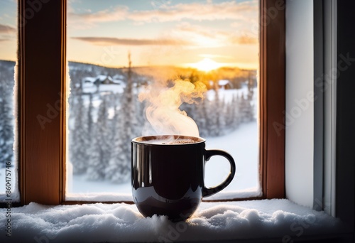 steaming coffee mug snowy winter scenic relaxing morning beverage cold weather, windowsill, view, cozy, scene, warm, drink, landscape, hot, cup, frosty, window photo