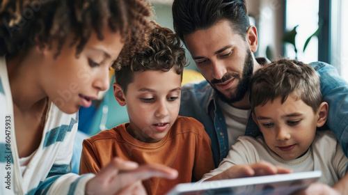 Family of four looking at tablet screen together.
