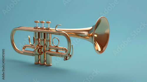 Shiny golden trumpet displayed on a blue background, highlighting its polished surface and detailed craftsmanship.