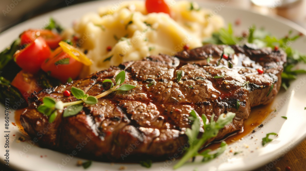 Deliciously grilled steak served with mashed potatoes and fresh vegetables, perfect for a hearty and appetizing meal. Deliciously grilled steak served with mashed potatoes and fresh vegetables, perfect for a hearty and appetizing meal.