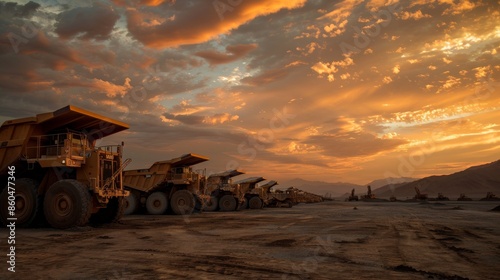 Heavy Equipment at Sunset in a Mining Site