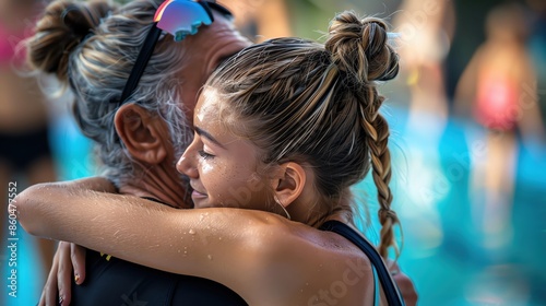 Coach hugging gymnast in an emotional moment close up, support and pride, realistic, fusion, sidelines backdrop