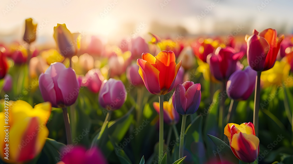 Spring tulip flower field at sunrise : Generative AI Spring tulip flower field at sunrise : Generative AI