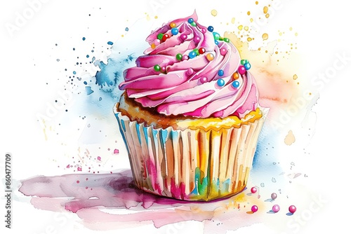 Colorful cupcake with pink frosting and colorful sprinkles on a white background with watercolor splashes.