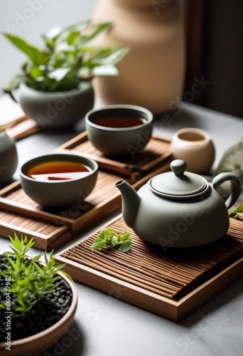 minimalistic zen space herbal tea serene interior design concept, calm, peaceful, aesthetic, modern, simple, clean, tranquil, relaxation, harmony, balance