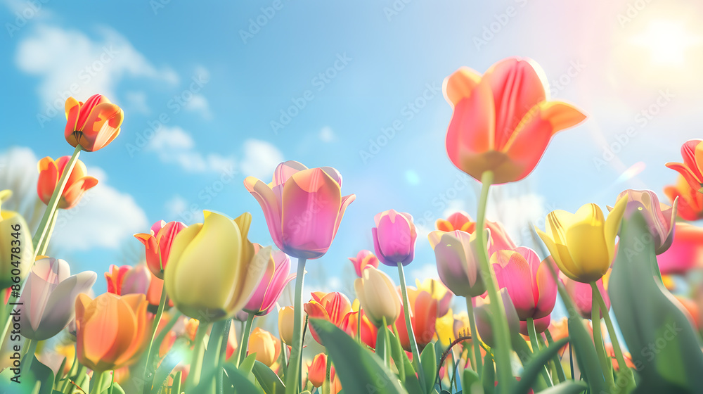 beautiful blooming tulip field on abstract blue sky in springtime floral concept : Generative AI beautiful blooming tulip field on abstract blue sky in springtime floral concept : Generative AI
