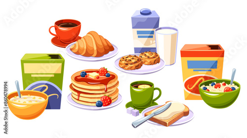 Healthy Breakfast Foods Such As Cereal, Pancakes With Syrup, Croissants, Coffee, Tea, Milk And Toast Vector Illustration