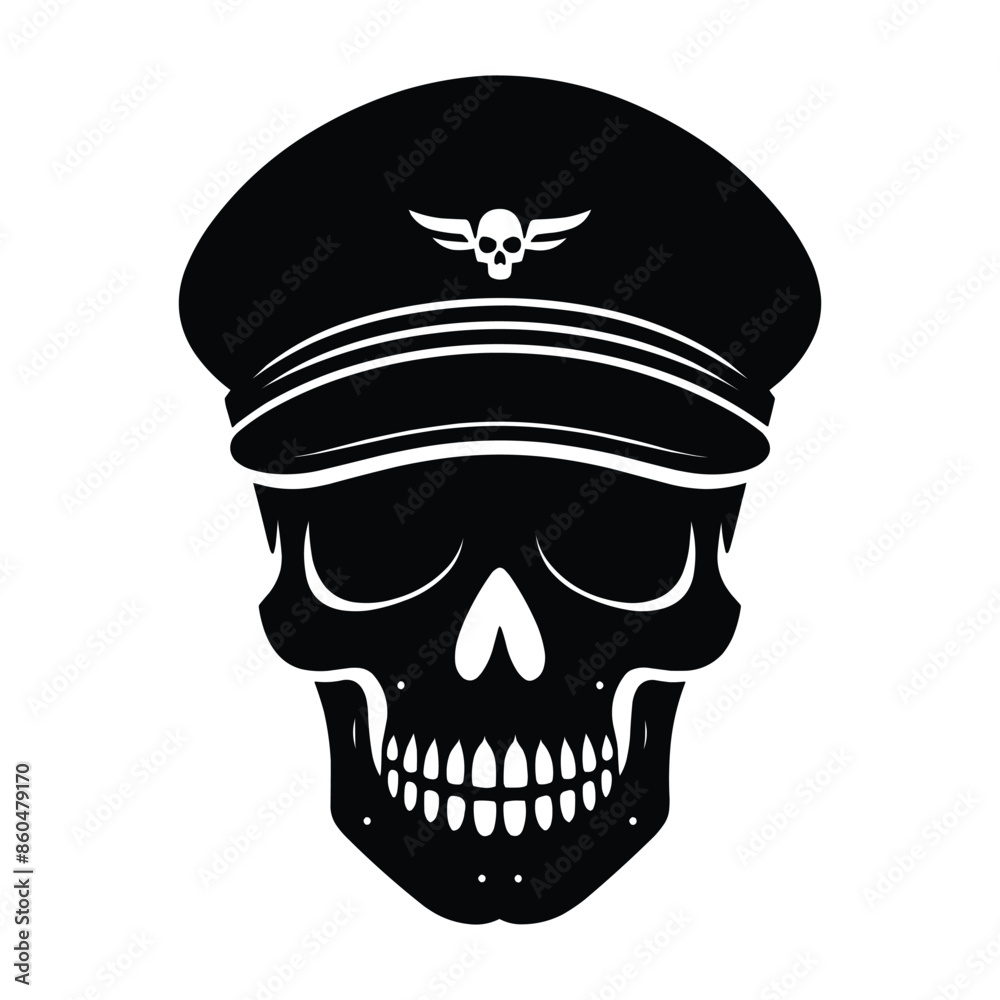 Skull with hat cap silhouette vector illustration isolated on white background Skull with hat cap silhouette vector illustration isolated on white background