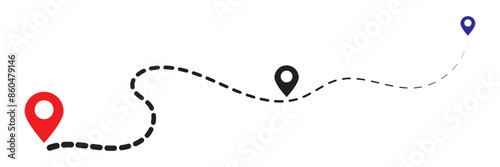 Route icon. Two points with dotted path and location pin. Route location icon two pin sign and dotted line. Travel vector icon. Travel from start point and dotted line tracing.