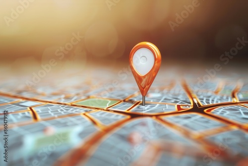 A clean and minimalist image of an orange location pin on a city map, perfect for navigation apps, travel services, and websites. Generative AI photo