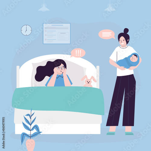 Female obstetrician is checking on woman and newborn baby at the hospital. Nurse holds infant baby, happy mother lying in bed.
