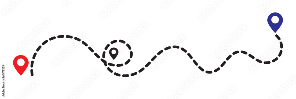 Map address location pointer symbol. location pin icon symbol sign isolated on transparent background, map icon.  Location pin icon. Travel from start point and dotted line tracing.