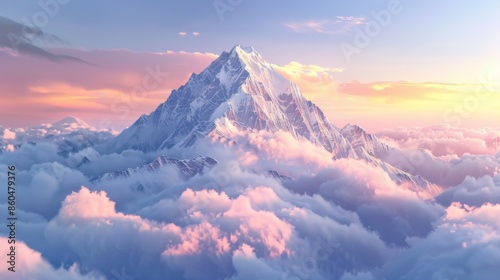 Snowy Mountain Peak Above the Clouds at Sunset photo
