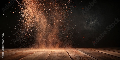 Copper dust scattered on wooden floor with black wall backdrop, copper, dust, wooden floor, black wall, room, interior photo