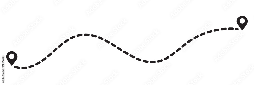 Route icon. Two points with dotted path and location pin. Route location icon two pin sign and dotted line. Travel vector icon. Travel from start point and dotted line tracing.