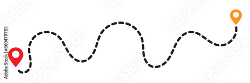 Route icon. Two points with dotted path and location pin. Route location icon two pin sign and dotted line. Travel vector icon. Travel from start point and dotted line tracing.