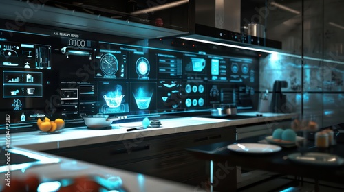 Wallpaper Mural Futuristic digital kitchen interface displaying automated cooking processes with plenty of space for copy Torontodigital.ca